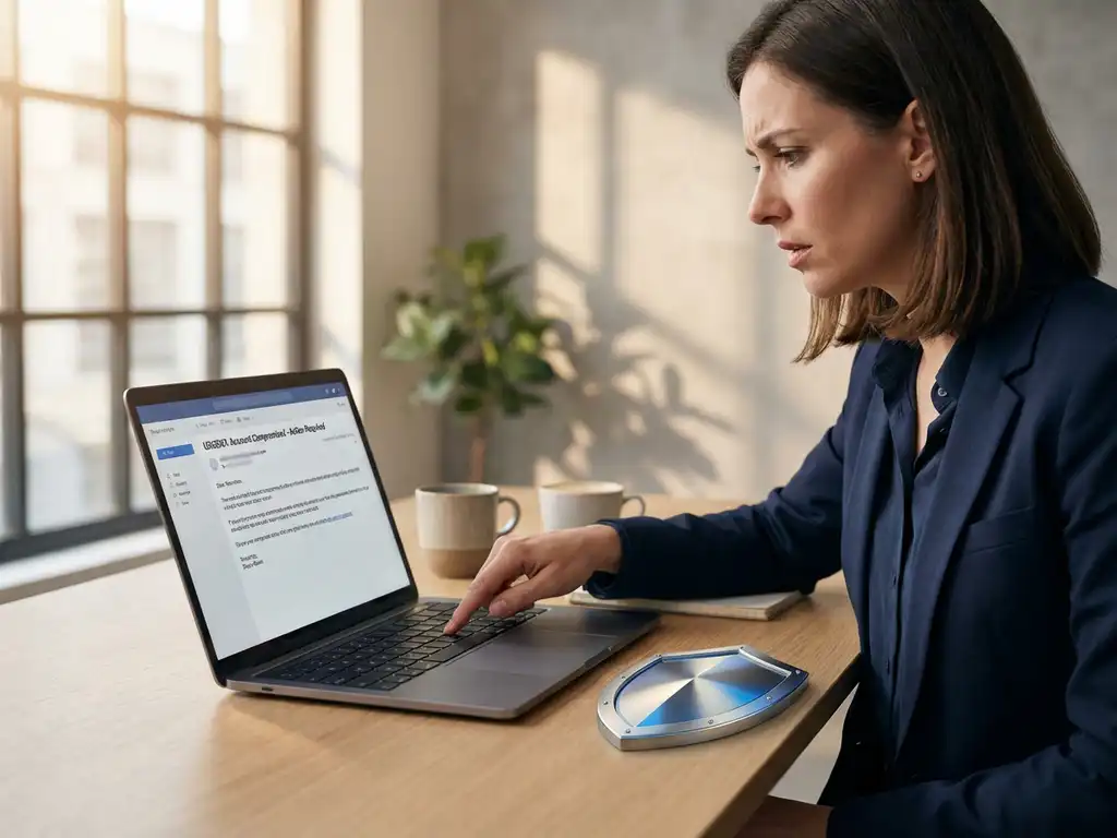 Professionele vrouw onderzoekt verdachtige e-mail op laptop met vinger boven verwijderknop, schild op bureau symboliseert cybersecurity