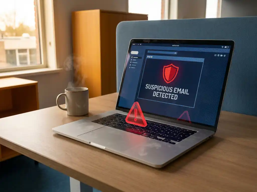 Laptop met verdachte e-mail en rood waarschuwingsschild op modern kantoorbureau naast koffiekopje