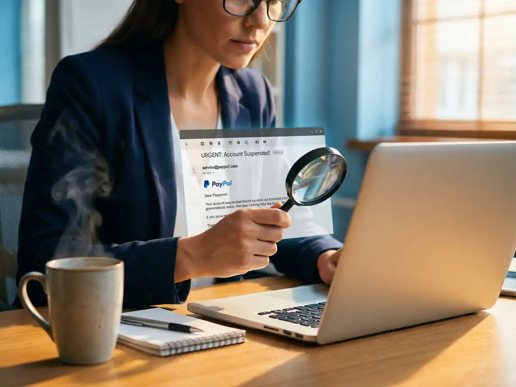 Professionele werknemer onderzoekt verdachte e-mail op laptop met vergrootglas op modern kantoorbureau