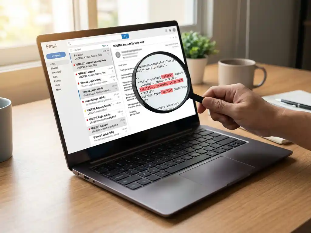 Laptop toont inbox met verdachte e-mails, vergrootglas onthult kwaadaardige code patronen op modern kantoorbureau