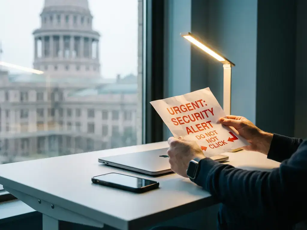 Handen houden verdachte e-mail printout vast aan modern bureau met laptop en smartphone, overheidsgebouw op achtergrond
