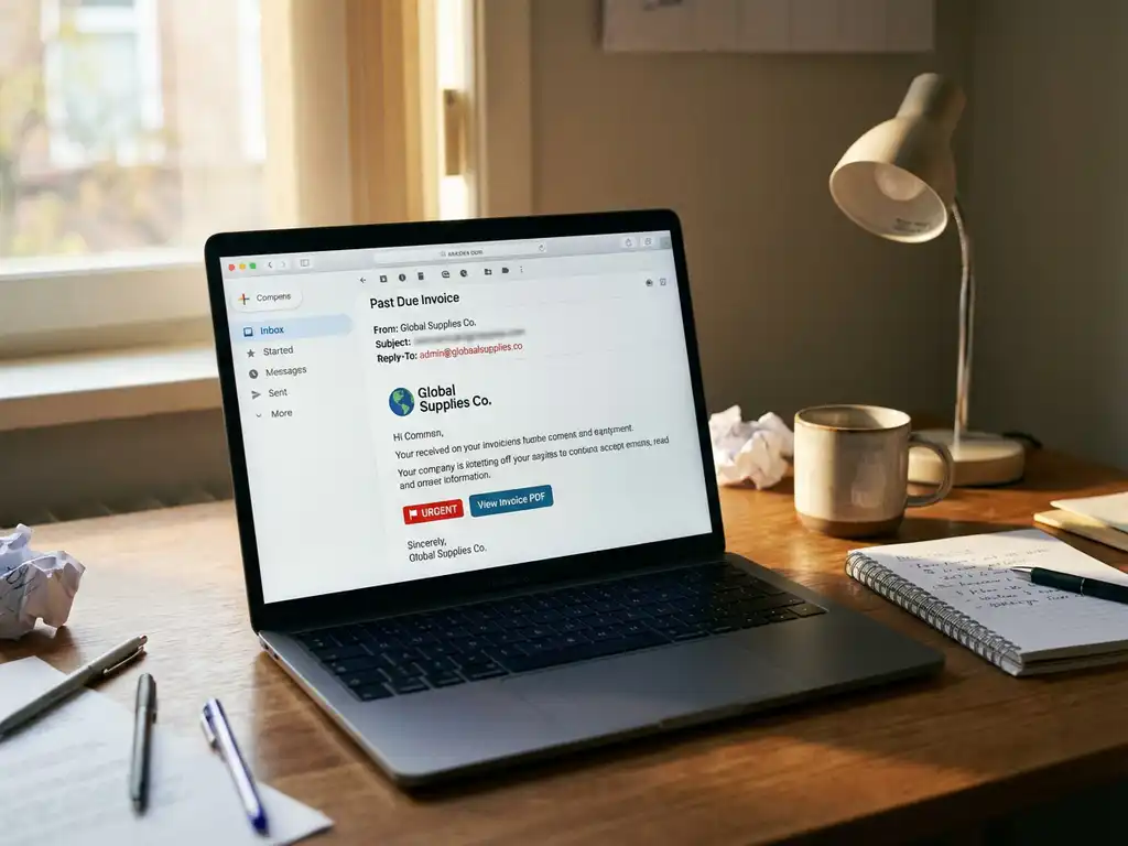 Phishing-e-mail op laptopscherm op kantoorbureau van klein bedrijf met koffiemok en bureaulamp