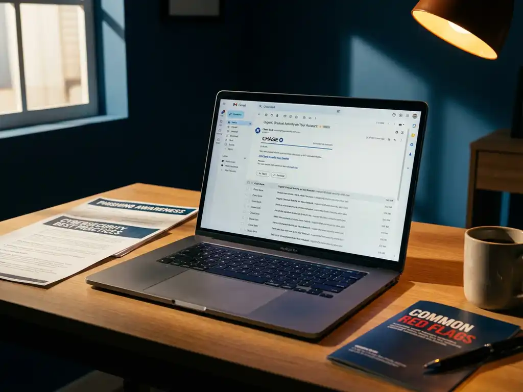 Laptop toont nepbank-e-mail met verdachte afzendergegevens op bureau met cybersecurity documenten in donkerblauw en amber licht
