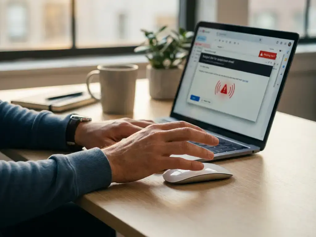 Verdachte e-mail op laptopscherm met hand die voorzichtig boven muis zweeft, rode waarschuwingsindicatoren zichtbaar