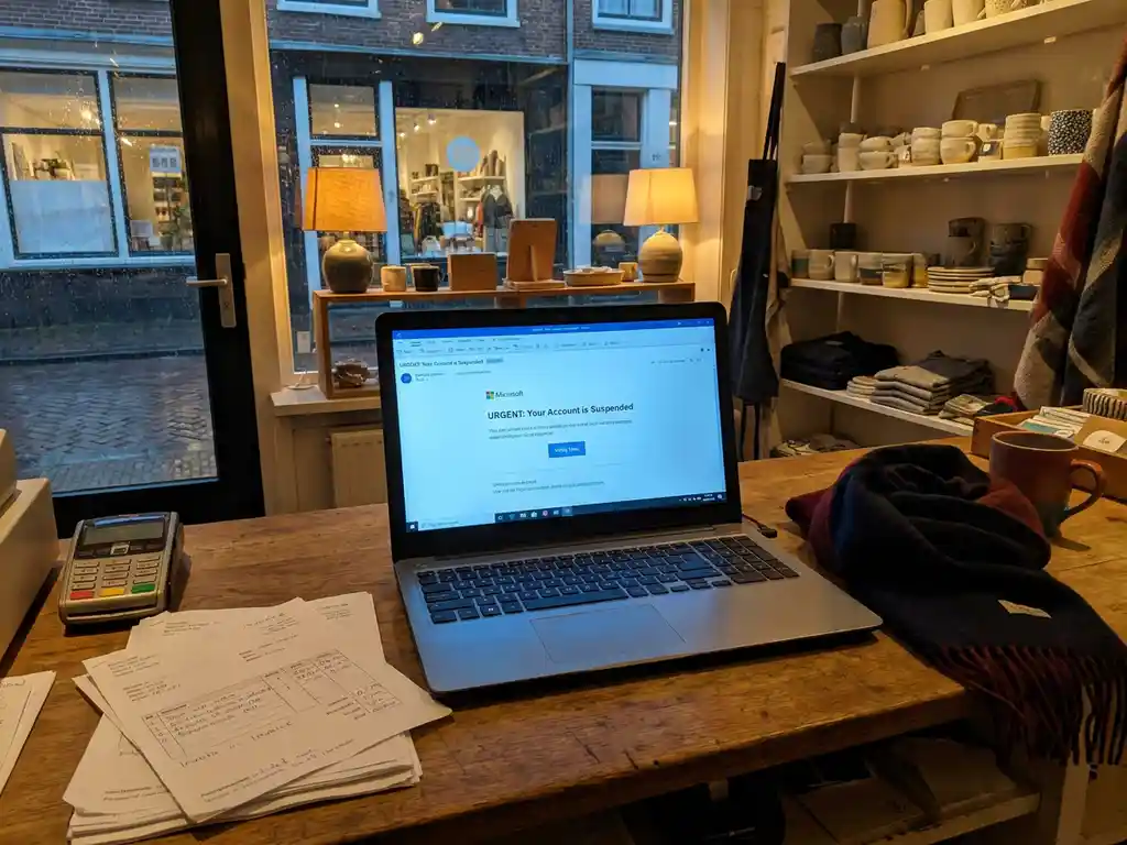 Laptop met phishing-e-mail op toonbank van Nederlandse winkel, omringd door papieren facturen en een betaalautomaat.