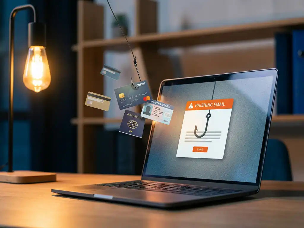 Laptop toont phishing-e-mail met haak die persoonlijke gegevenskaarten vangt boven bureau met warme verlichting