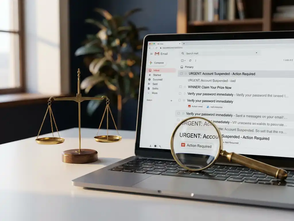 Laptop met e-mailinbox vol verdachte phishing-berichten, vergrootglas op toetsenbord en weegschaal op wit bureau