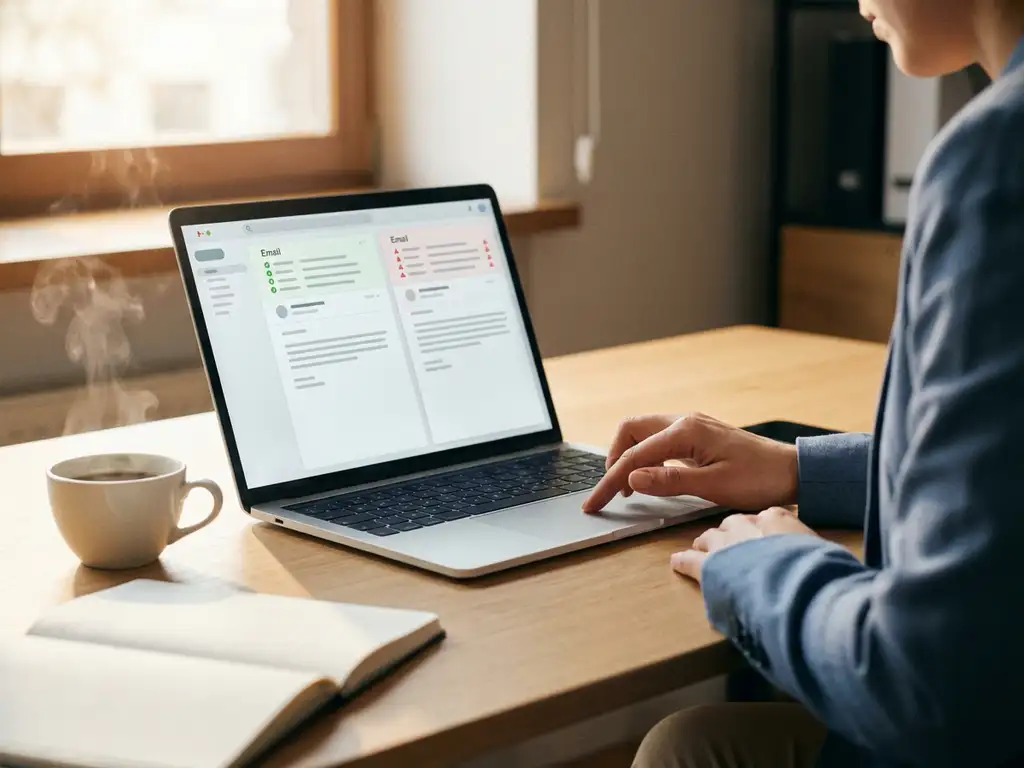 Professionele persoon vergelijkt twee e-mails op laptop, één met groene vinkjes en één met rode waarschuwingen, moderne kantooromgeving