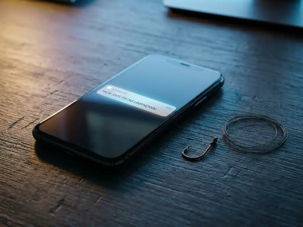 Smartphone op donker bureau met inkomende sms-melding en vishook ernaast, symbool voor smishing-aanval.