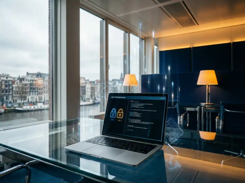 Moderne laptop met versleutelde e-mailinterface op glazen vergadertafel in Nederlands kantoor met Amsterdamse skyline