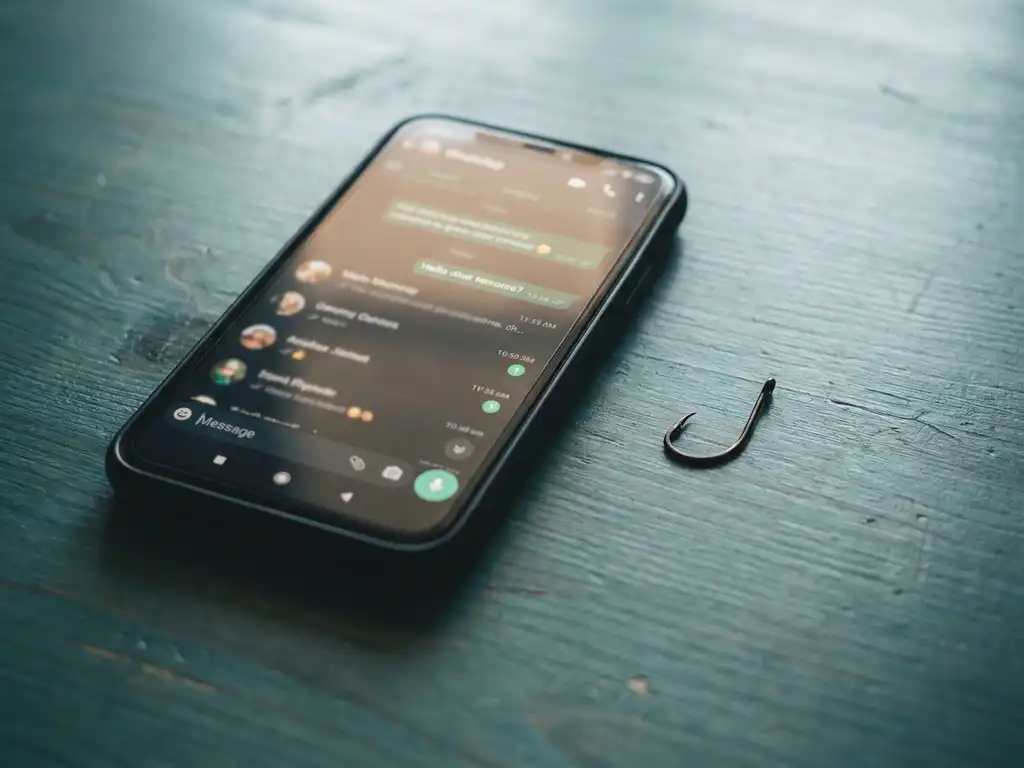 Smartphone op kantoorbureau met verdachte WhatsApp-chat, vishaak ernaast als symbool voor phishing, zacht natuurlijk zijlicht.