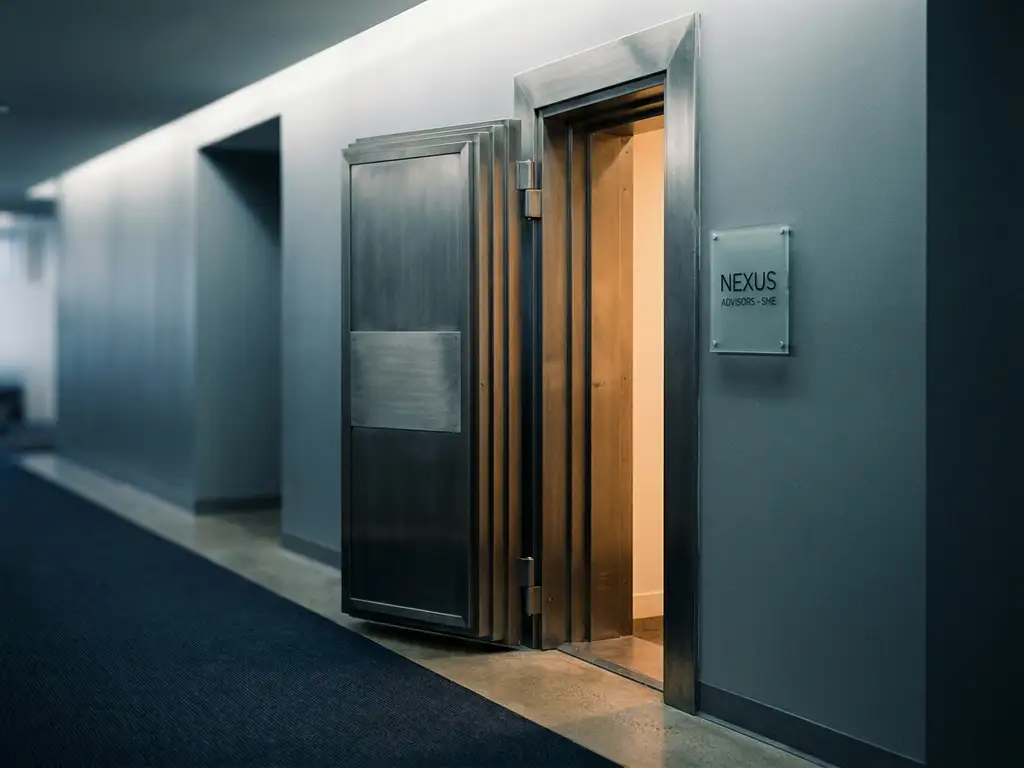 Zware stalen kluisdeur op een kier in een moderne kantoorgang, met warm amber licht dat door de opening valt naast een bedrijfsnaambord.
