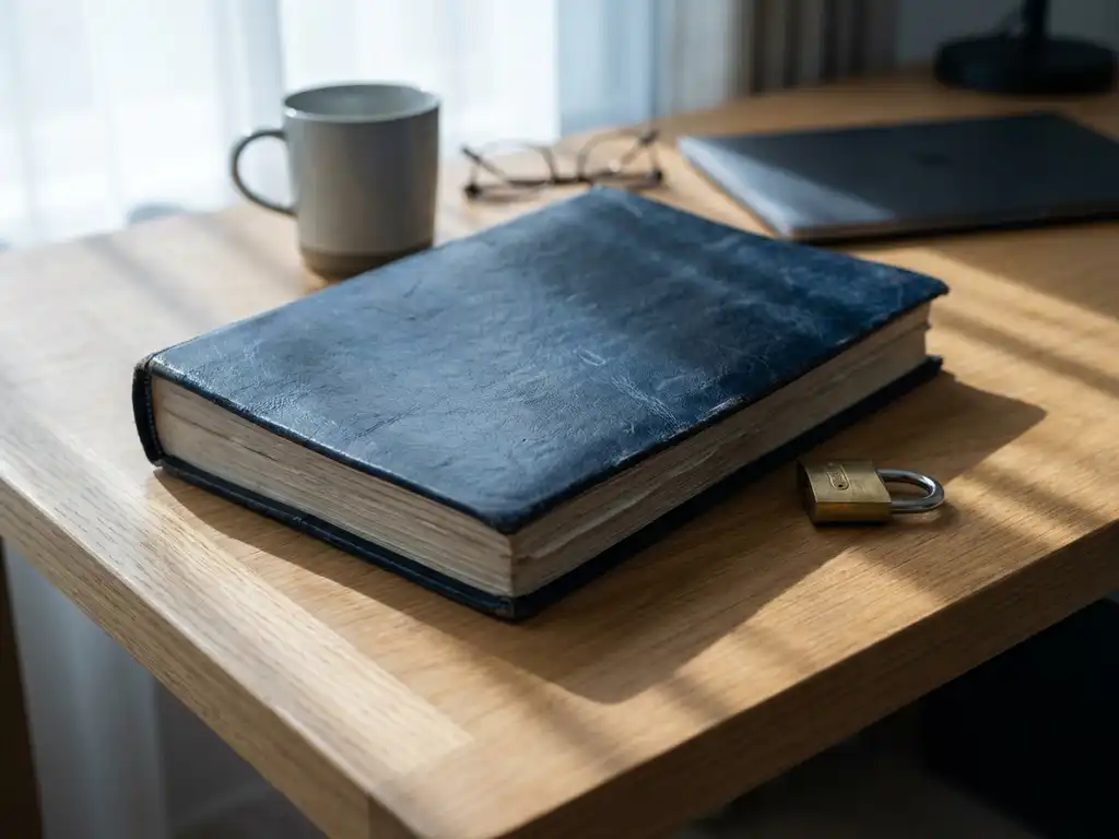 Dik nalevingsdocument in marineblauw op een modern bureau met een klein hangslot, verlicht door natuurlijk zijlicht.