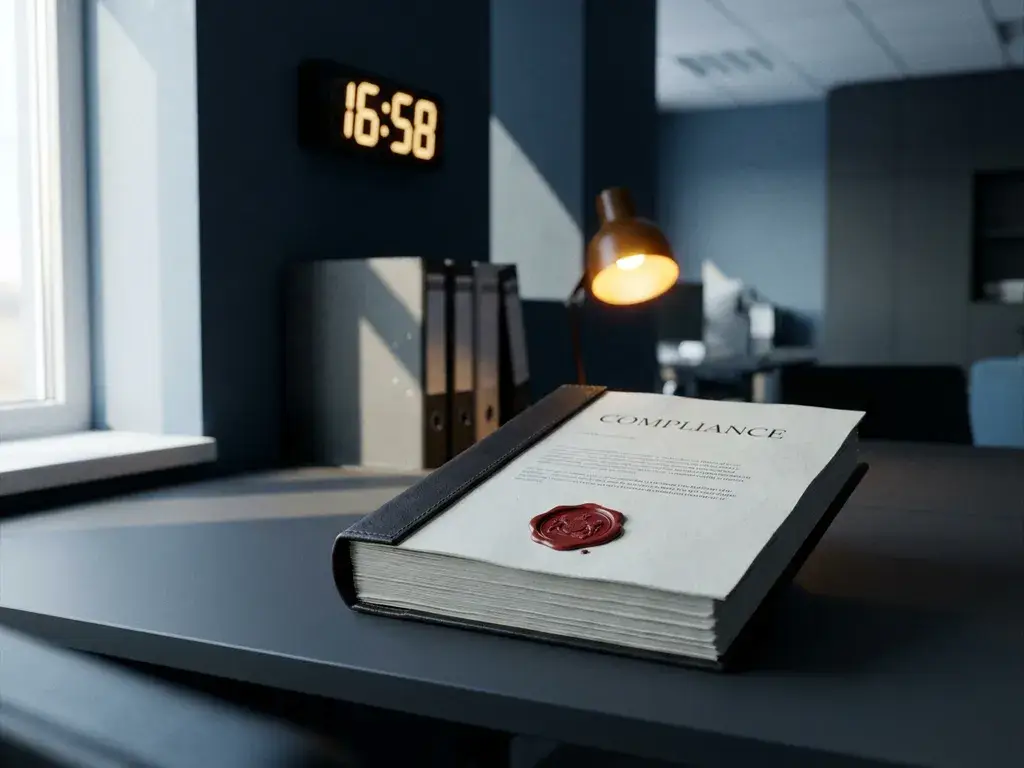 Officieel nalevingsdocument met rood zegel op modern bureau, digitale klok op de achtergrond suggereert naderende deadline.