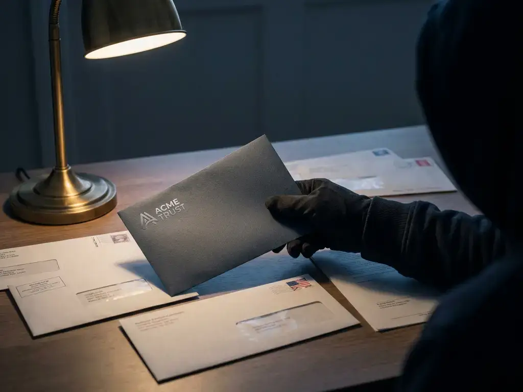 Vervalste envelop met bedrijfslogo tussen legitieme post op kantoorbureau, geplaatst door een anonieme hand in capuchon.