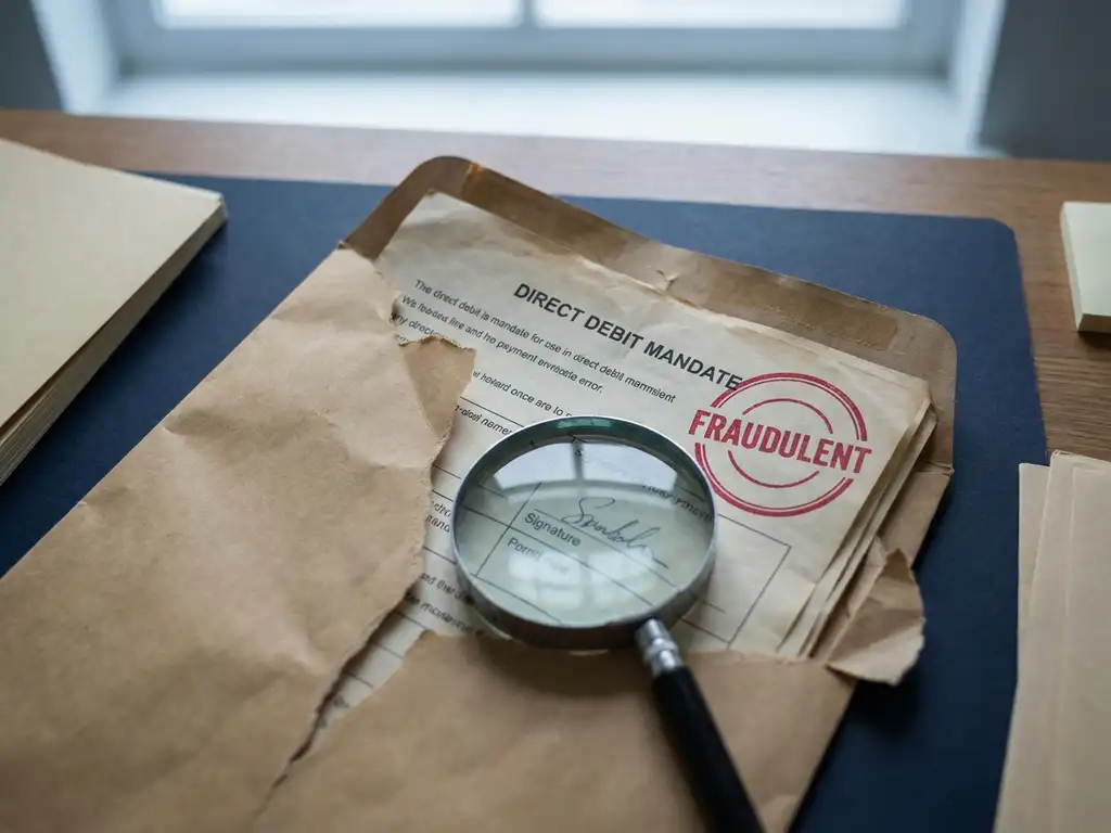 Opengescheurde envelop op bureau met frauduleus incassomachtigingsformulier, rood waarschuwingsstempel en vergrootglas op vervalste gegevens.