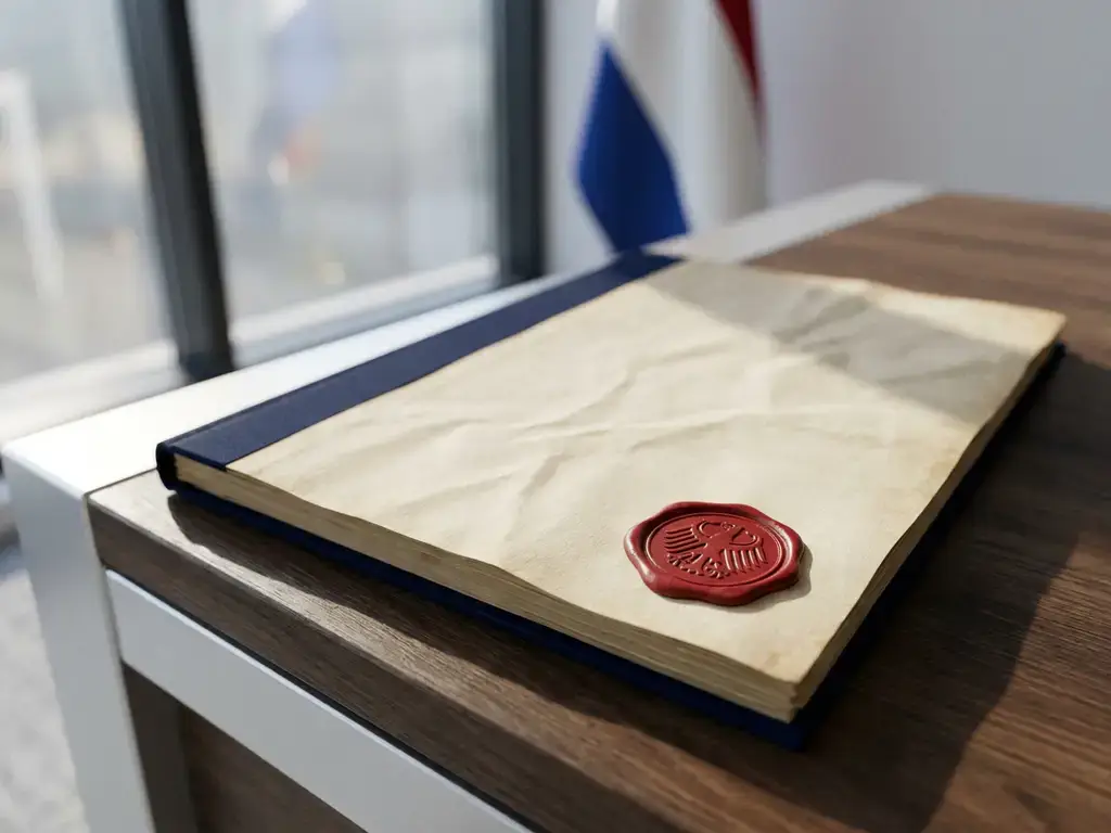 Officieel overheidsdocument met rood nalevingsstempel op modern bureau, Nederlandse vlag zichtbaar op de achtergrond.