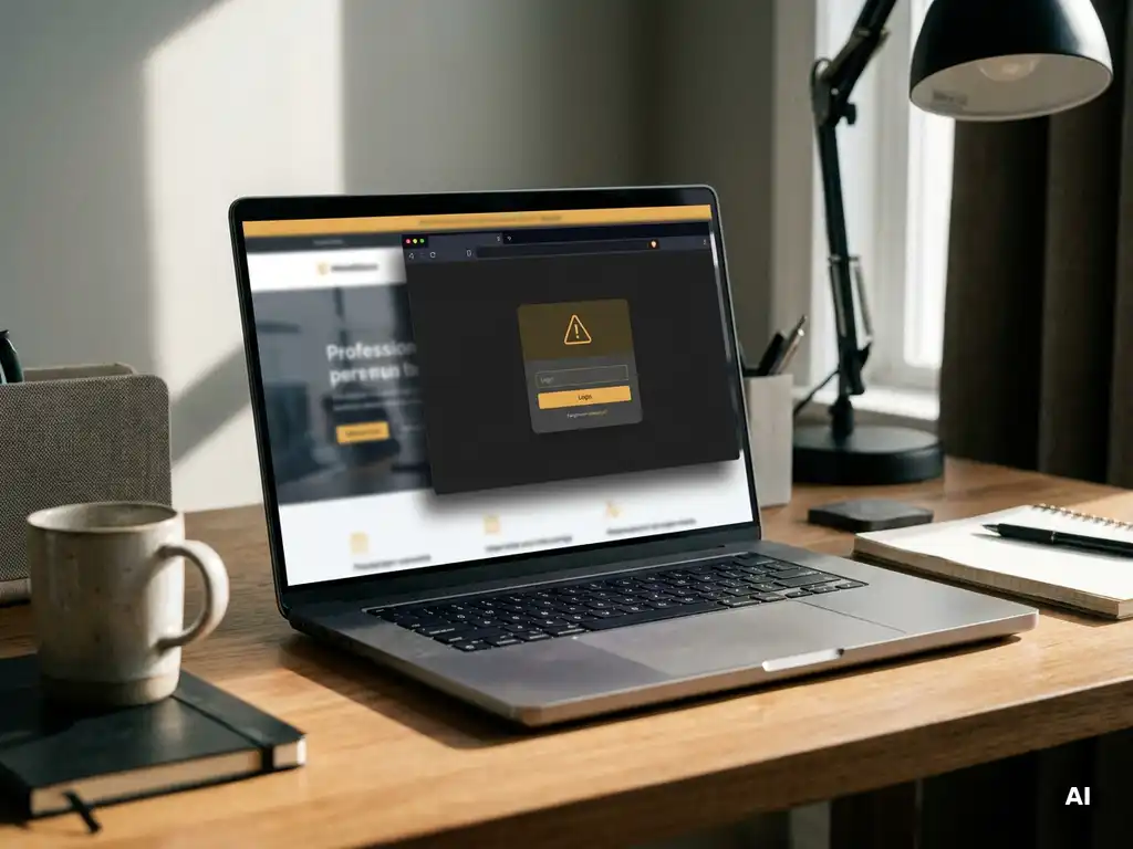 Nep browserloginvenster op laptopscherm in kantooromgeving, zichtbaar zwevend boven echte webpagina door schaduwafwijking.
