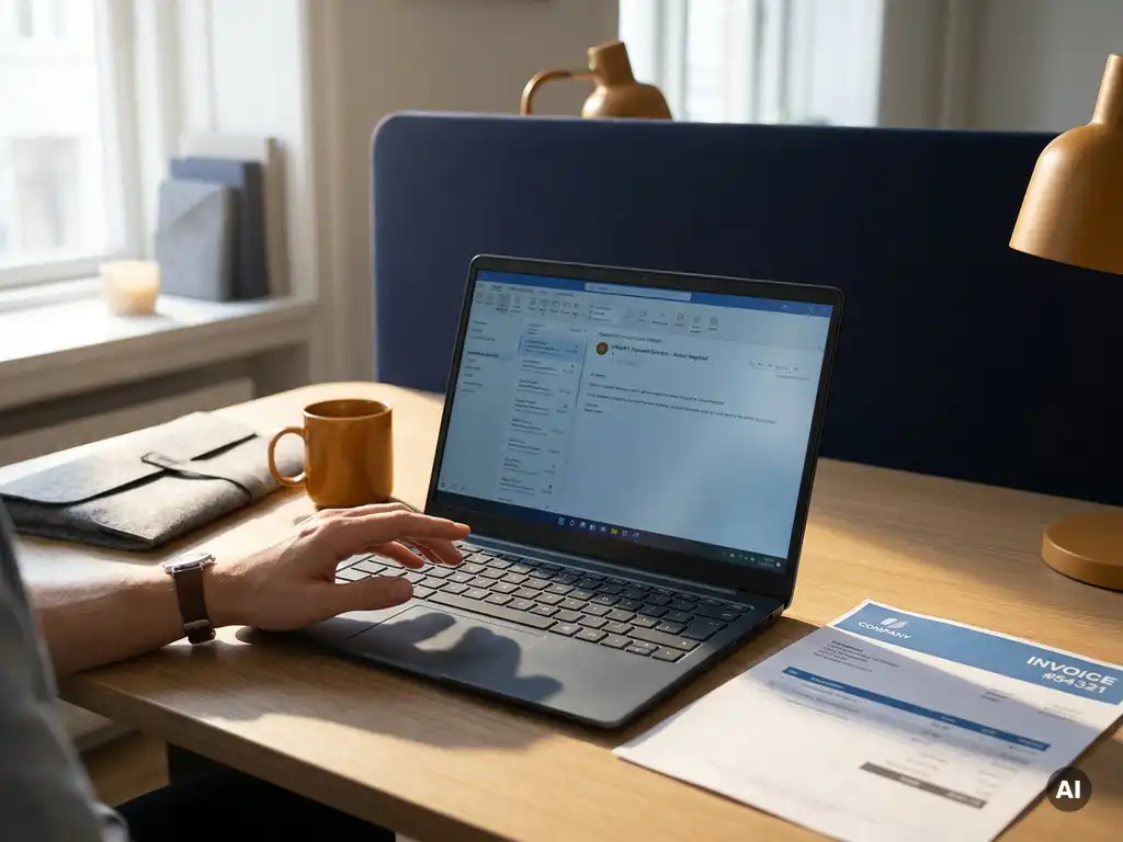 Hand boven toetsenbord aarzelt bij verdachte e-mail op laptop naast factuur, zakelijke kantooromgeving, phishing herkenning voor mkb.