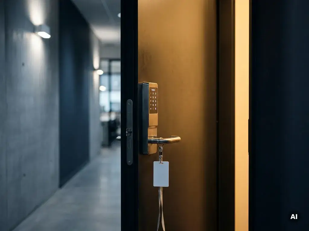 Zware stalen deur met elektronisch cijferslot op een kier, toegangspas aan de hendel, warme kantoorverlichting zichtbaar in donkere bedrijfsgang.