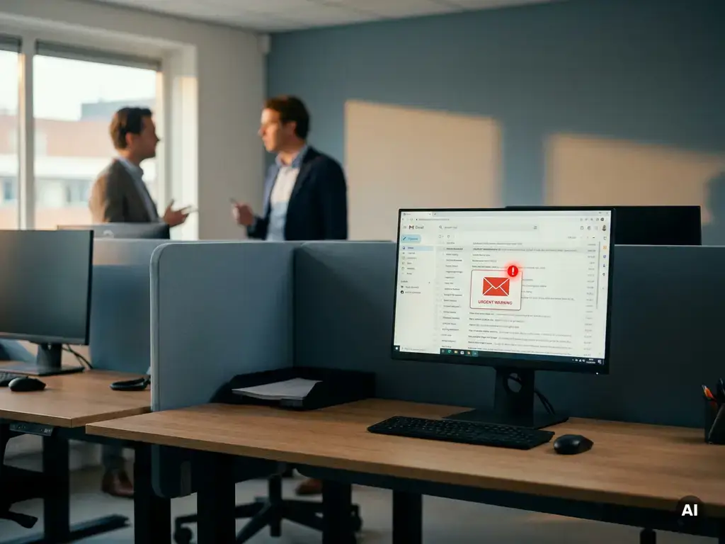 Verdacht e-mailbericht met rood waarschuwingspictogram op kantoormonitor in een Nederlands mkb-kantoor.