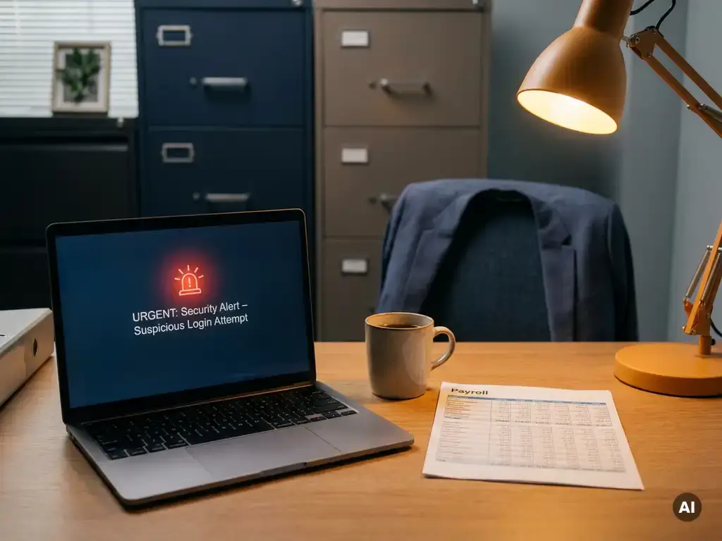 Laptop met verdachte e-mailmelding op een bureau in een HR-kantoor, naast een loonlijst en koffiemok, in warm amberkleurig licht.